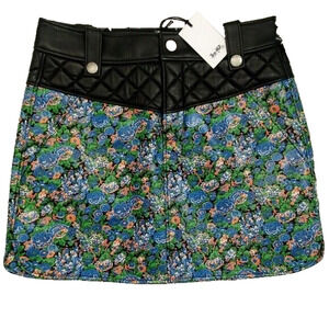 💋 🌹 COACH - BLACK & FLORAL CURVED HEM LEATHER MINI SKIRT - NWT - SZ 4